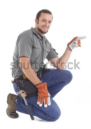 Foto stock: Muscular · hombre · pesos · manzana · toalla