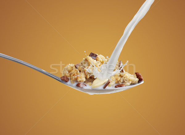 [[stock_photo]]: Céréales · de · petit · déjeuner · cuillère · lait · banane · mouvement