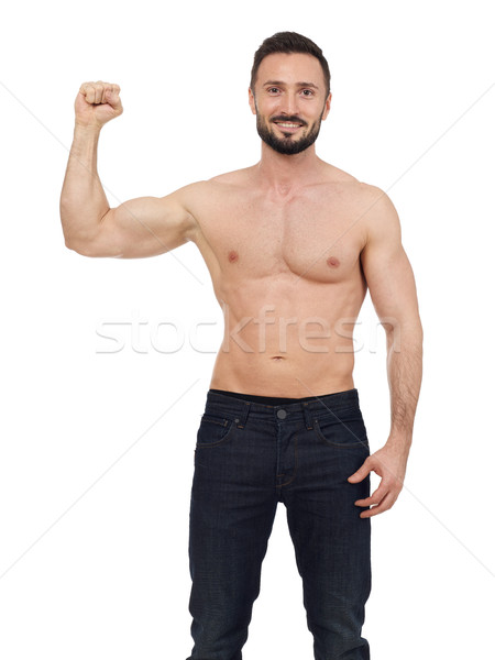 Izmos férfi mutat bicepsz fehér meztelen Stock fotó © goir