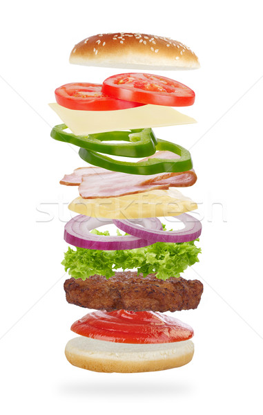 Foto d'archivio: Burger · ingredienti · isolato · bianco · carne · insalata