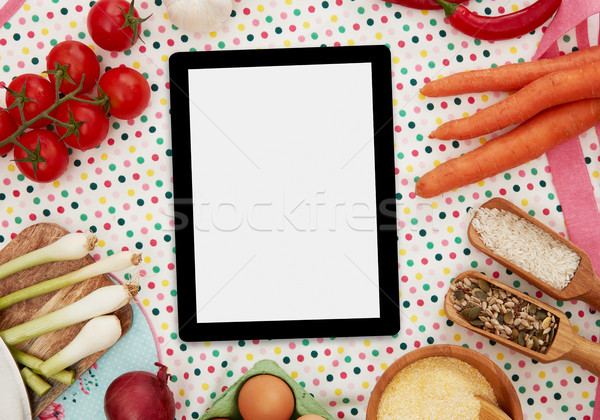 Stockfoto: Koken · ingrediënten · digitale · tablet · pasta · exemplaar · ruimte