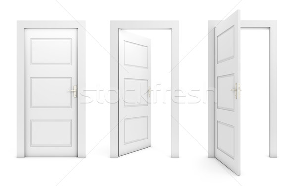 [[stock_photo]]: Portes · ouvrir · fermé · isolé · blanche · porte