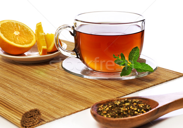 Tea csésze narancs szeletek levél kanál Stock fotó © goir