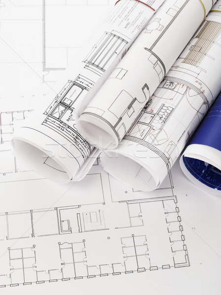 [[stock_photo]]: Blueprints · maison · plans · espace · de · copie · bureau · papier