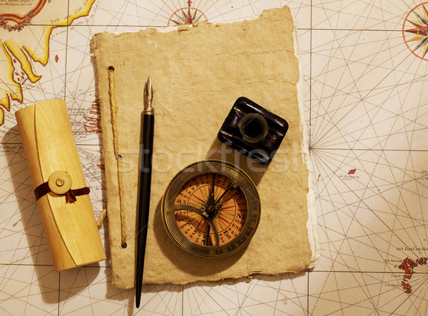 Schepen tijdschrift kompas oude kaart wereldbol man Stockfoto © goir