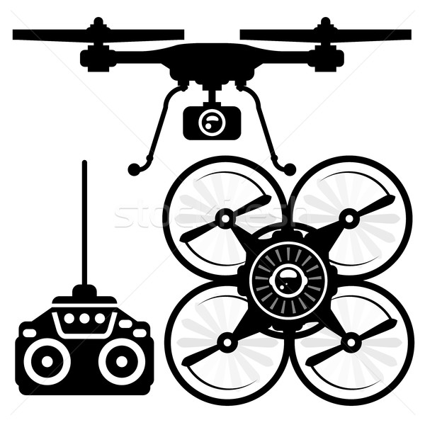 Stock photo: Silhouette of quadcopter and remote control (joystick)