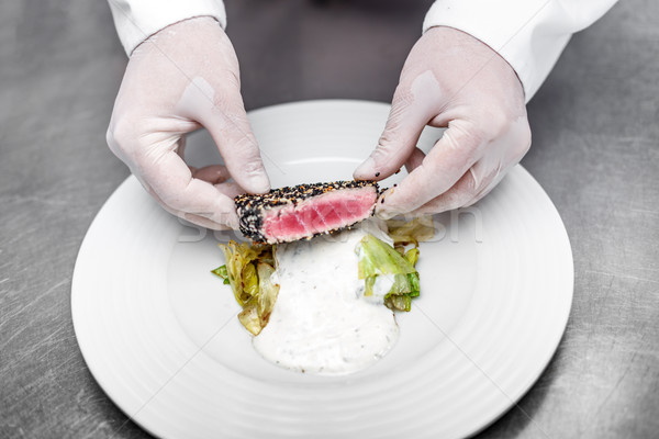 Czerwony tuńczyka stek kucharz tablicy żywności Zdjęcia stock © grafvision