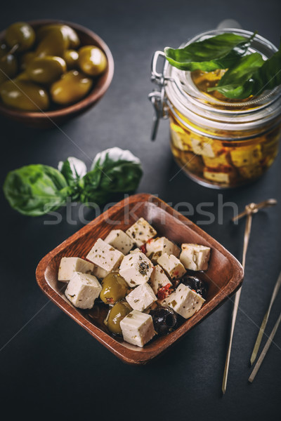 Măsline seminţe bambus castron brânză Imagine de stoc © grafvision
