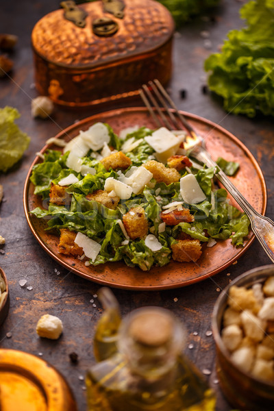 Stockfoto: Vers · caesar · salade · vintage · achtergrond · tabel · plaat