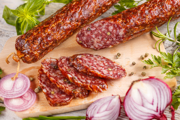 [[stock_photo]]: Tranches · salami · saucisse · vert · viande · poivre