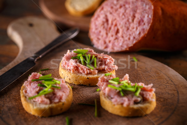 Stock foto: Bohnenkraut · geräuchert · Wurst · Speck · Schweinefleisch · Brot