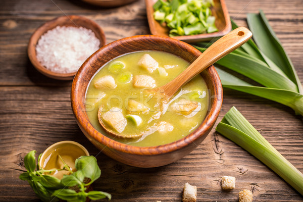 Póréhagyma leves tál házi készítésű krémes étel Stock fotó © grafvision