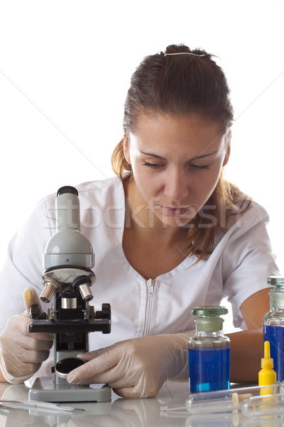 Foto stock: Mulher · microscópio · lab · trabalhar · médico · tecnologia