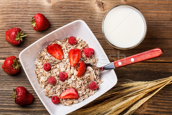 [[stock_photo]]: Muesli · fruits · lait · alimentaire · déjeuner · sweet