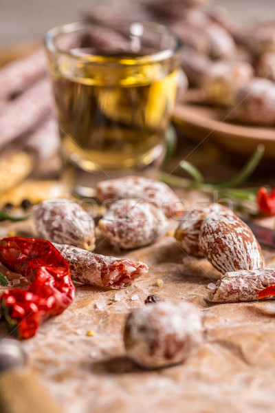 Foto stock: Salame · ar · secas · pequeno · fechar · comida