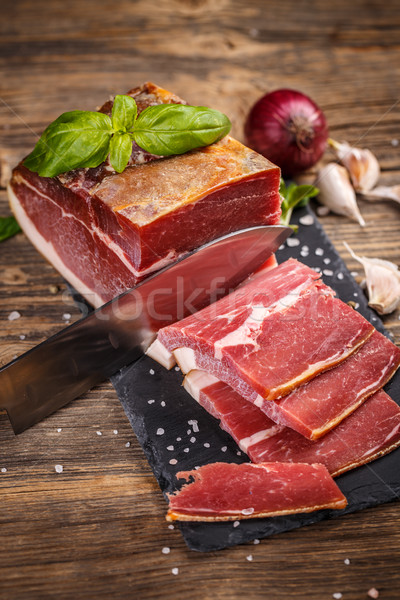 Prosciutto geschnitten schwarz rustikal Holz Essen Stock foto © grafvision