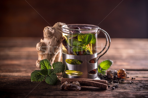 Stock foto: Kräutertee · Glas · Tasse · frischen · mint · Blätter