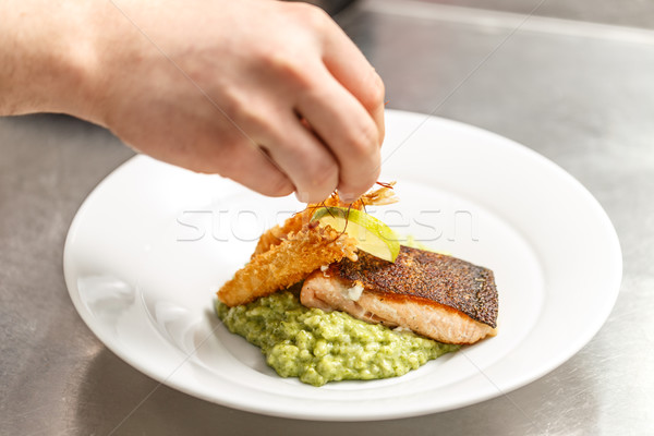 Сток-фото: повар · пластина · готовый · рыбы · зеленый