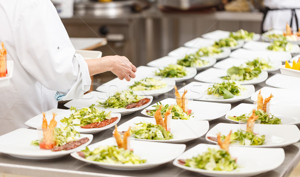 Előétel tányérok előkészített kereskedelmi konyha buli Stock fotó © grafvision
