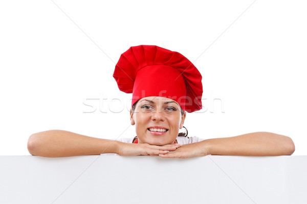 Stok fotoğraf: şef · kadın · pişirmek · bakıyor · kâğıt · imzalamak