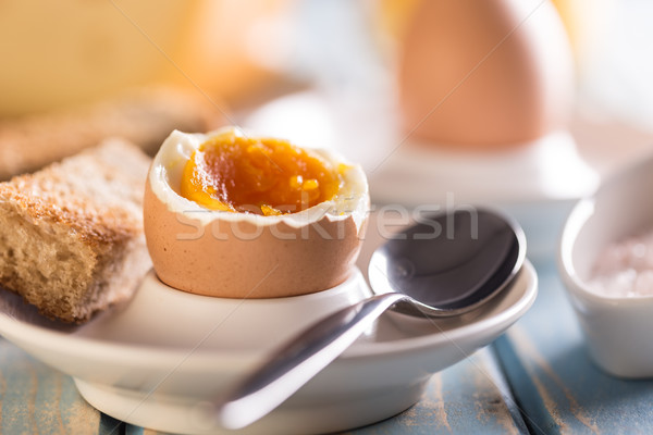 Stock foto: Gekochtes · Ei · Eierbecher · Toast · Essen · Platte · Frühstück