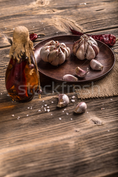 Stok fotoğraf: Sarımsak · karanfil · ahşap · plaka · cilt · tahta