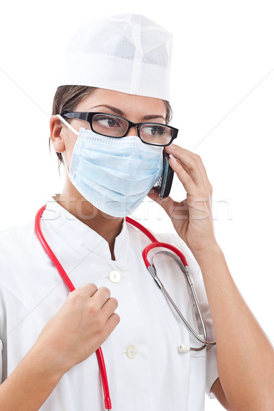 Foto stock: Ocupado · feminino · médico · uniforme · falante · telefone