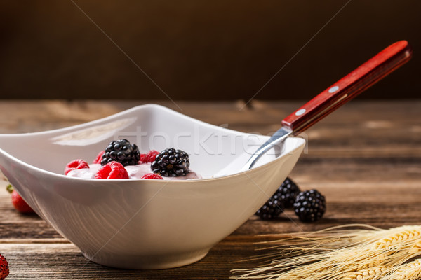 Teljes kiőrlésű müzli reggeli joghurt egészség gyümölcsök Stock fotó © grafvision