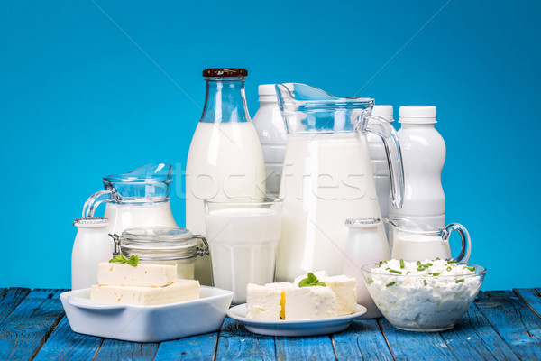 Tejtermékek festett fa asztal kék sajt tej Stock fotó © grafvision