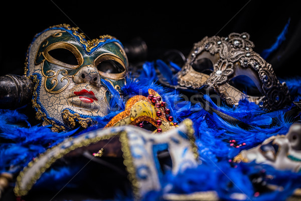 Venetiaanse carnaval masker Blauw veer achtergrond Stockfoto © grafvision