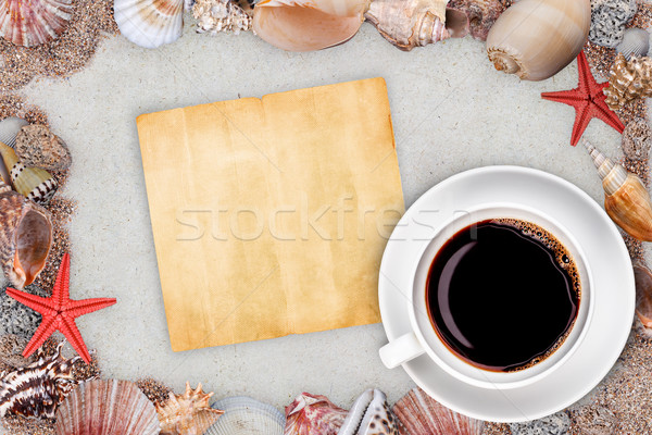 Foto stock: Papel · conchas · velho · papel · em · branco · copo · café