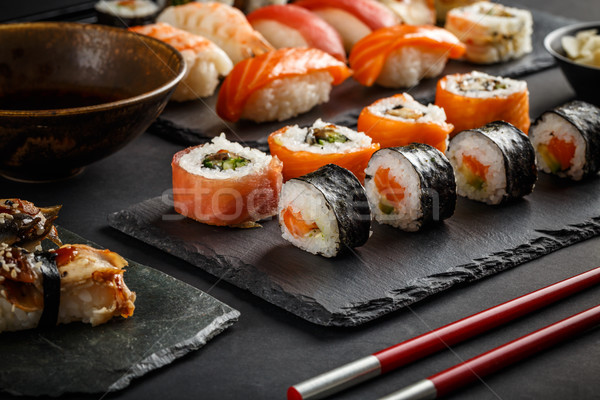 Sushi hizmet siyah taş gıda Stok fotoğraf © grafvision