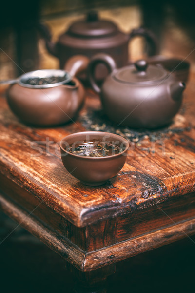 Stockfoto: Ingesteld · thee · ceremonie · houten · tafel · bladeren · chinese