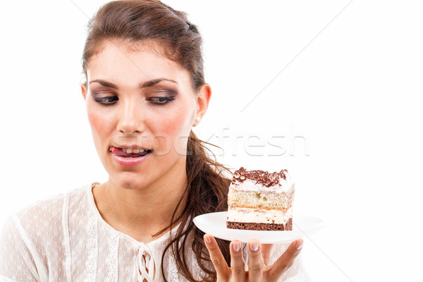 Mujer delicioso pieza torta cute Foto stock © grafvision