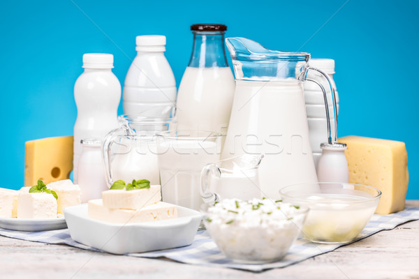 Tejtermékek fa asztal kék sajt tej üveg Stock fotó © grafvision