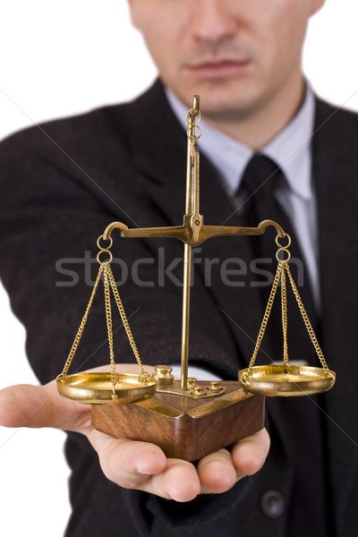 [[stock_photo]]: Homme · d'affaires · justice · échelle · isolé · blanche