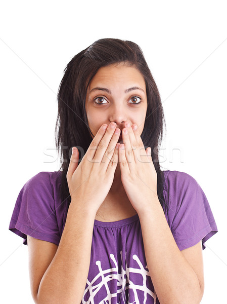 Befogja száját fiatal nő izolált fehér kéz arc Stock fotó © grafvision