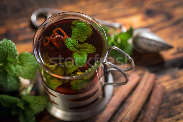 Stock foto: Kräutertee · Glas · Tasse · frischen · mint · Blätter