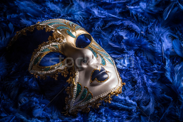 Velencei karnevál maszk kék toll háttér Stock fotó © grafvision