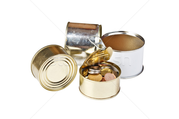 Foto stock: Ahorros · estaño · pueden · aislado · blanco · monedas