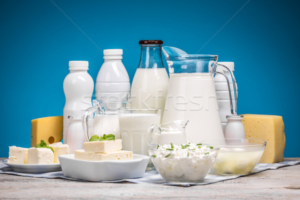 ízletes egészséges tejtermékek asztal kék üveg Stock fotó © grafvision