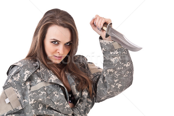 Lány kés lövés vonzó lány katonai egyenruha tart Stock fotó © grafvision