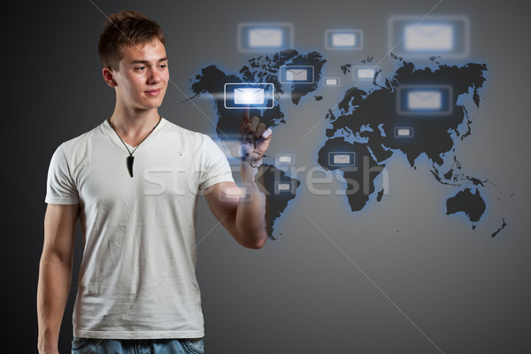 Jonge man messaging type moderne iconen Stockfoto © grafvision