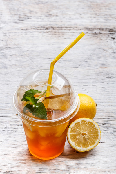 Ice tea műanyag csésze citrom menta levél Stock fotó © grafvision
