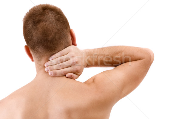 男子 頸部疼痛 年輕人 孤立 白 手 商業照片 © grafvision