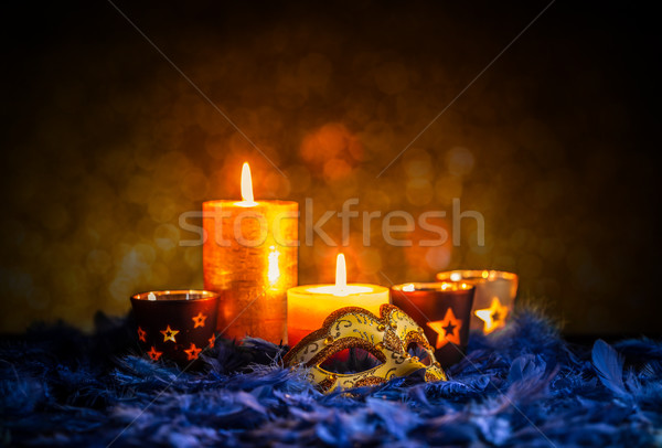 Klassischen venezianische Maske Beleuchtung Kerze Party Maske Stock foto © grafvision