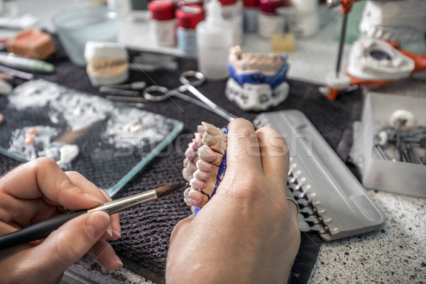 Dental technician applying ceramics Stock photo © grafvision