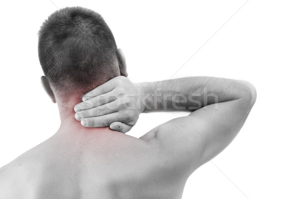 Foto stock: Hombre · dolor · de · cuello · joven · aislado · blanco · mano