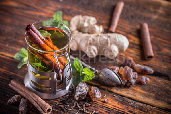 Forró tea fahéj menta üveg csésze Stock fotó © grafvision