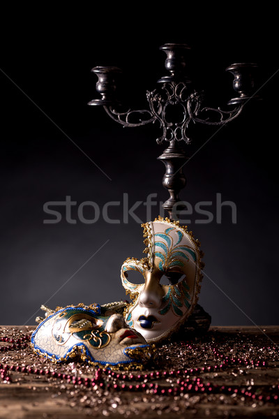 Karnevál maszk csendélet gyertyatartó gyöngy arc Stock fotó © grafvision